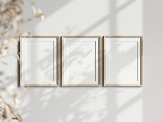 three vertical frames on the wall, boho interior mockup, poster mockup © VNmockup
