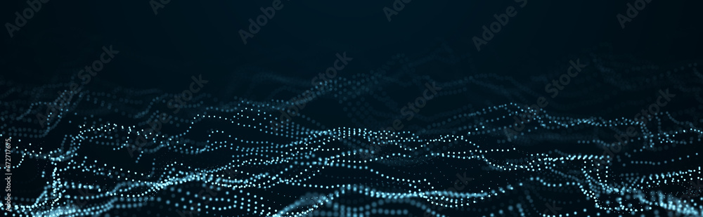 Poster Abstract blue background of points. Falling cyber particles. Big data stream. 3d rendering