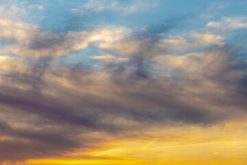 Natural sunrise background, Colourful blue and golden yellow color of skyline, Amazing purple and orange sky in the morning during the sun going up, Horizon nature background.