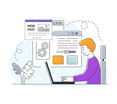 Concept of copy optimization. Man increases page loading speed. Copywriter inserts keywords into article, character writes tags for images and other website elements. Cartoon flat vector illustration