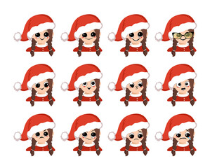 Girl with big eyes and different emotions in red Santa hat. Cute kid with joyful or sad face in festive costume for New Year and Christmas. Head of adorable child