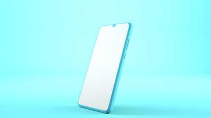 Smartphone mockup with blank white screen on a blue background. Copy space. 3D image. Smartphone 3d render mock up  for digital design presentation.