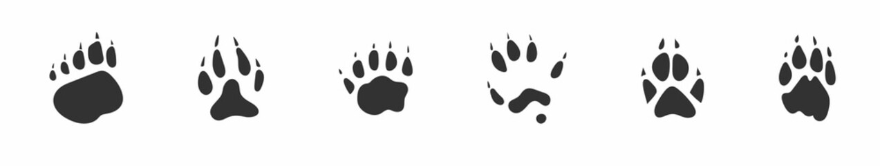 Animals footprints, paw prints. Set of different animals and birds footprints and traces. Bear, Wolf, Badger, Polecat, Fox, Lion. illustration © vadymstock