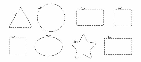 Set of Scissors and coupon, cut template and dashed line. Black icons. Gift Coupon element template, graphics design. Voucher promo code. Shopping, food and drink, business. illustration