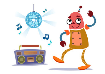 the robot dances. a tape recorder and a disco set. isolated white background. vector illustration. flat.