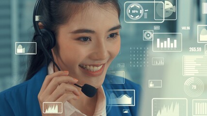 Customer support call center provide data with envisional graphic . Business and communication technology concept .
