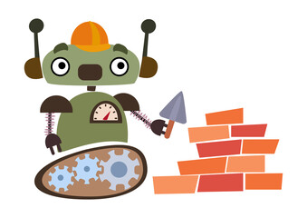 A cartoon robot puts a brick wall. A robot is a builder. Vector illustration in children`s style.