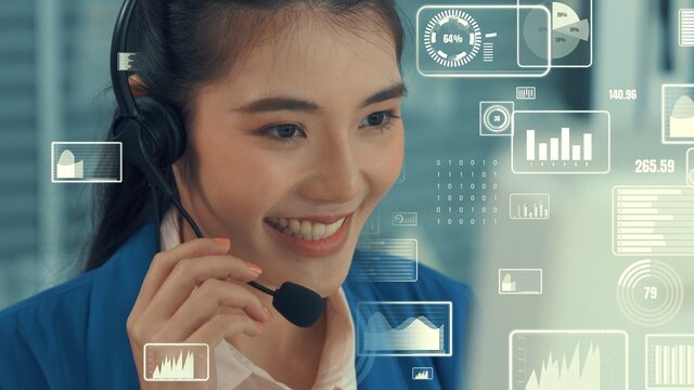 Customer support call center provide data with envisional graphic . Business and communication technology concept .