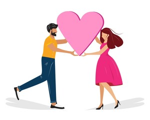 Man and woman holding a big heart. Pretty couple holding a big heart. Love concept illustration.