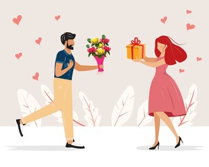 Man and woman giving each other gifts. Cute couple in love giving each other gifts for Valentines's day. Love concept illustration.