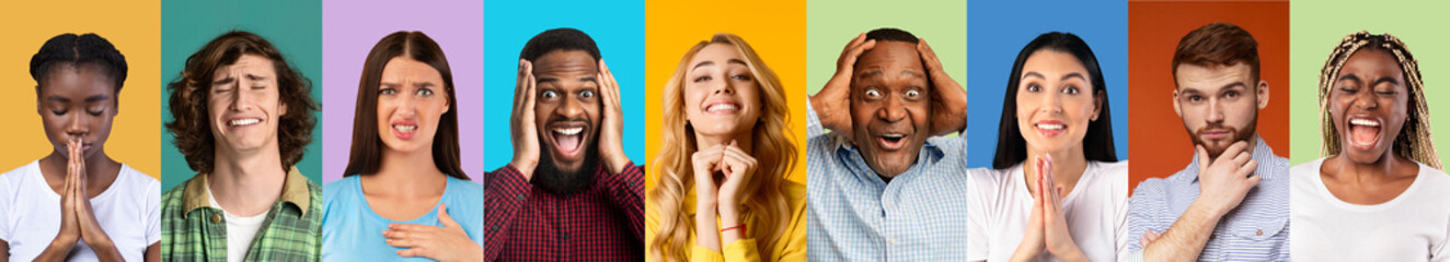 Set Of Diverse Multiethnic People Expressing Different Emotions Over Colorful Backgrounds