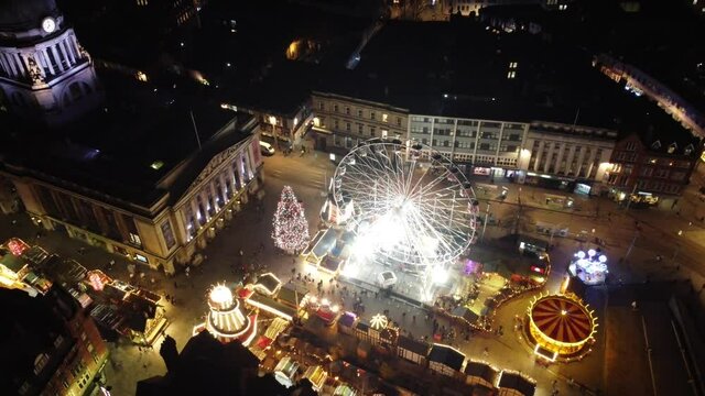 Nottingham Christmas Market, 4K at night. Christmas Market at night, Nottingham city centre. 