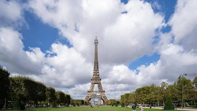 Paris, France, Timelapse - The Champ de Mars and the Eiffel Tower during the day