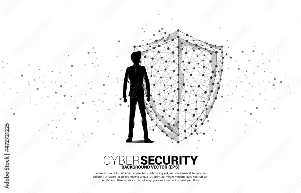 Poster vector silhouette of businessman with protection shield icon from dot connect line polygon network. 