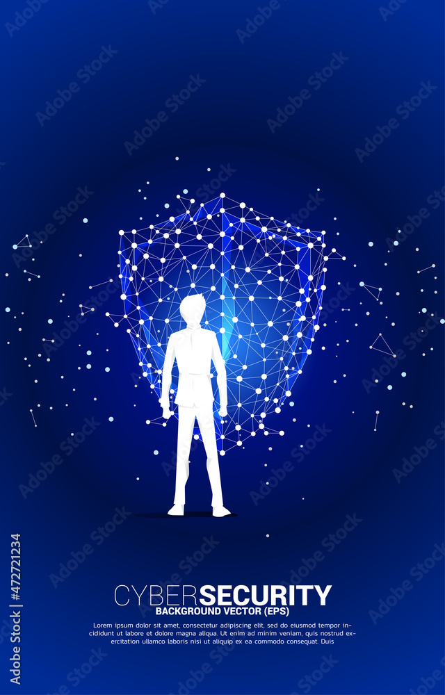 Aufkleber Vector Silhouette of businessman with Protection shield icon from dot connect line polygon network. concept of guard security and safety