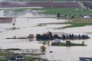 Devastating Flood Natural Disaster in the city and farmland after storm. Abbotsford, Greater...