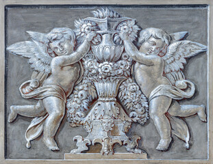 ROME, ITALY - AUGUST 28, 2021: The baroque fresco of angels in the church Chiesa dei Santi Vincenzo...