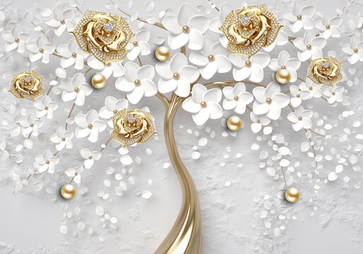 3d wallpaper white and golden jewelry flowers on golden tree for living  room decor Stock Illustration | Adobe Stock