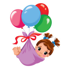 Obraz na płótnie Canvas Little newborn girl in a blanket tied to balls. Cute baby. Illustration for birthday decor, baby shower, holiday