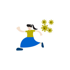 Illustration vector graphic of a woman runs chased by viruses or bacteria.
