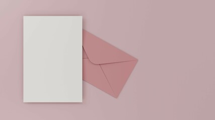 Pink envelope with empty blank paper as festive holiday greeting card or love letter 3D rendering illustration
