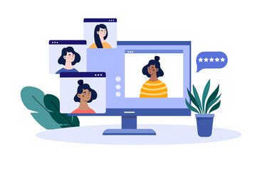 Virtual conference concept. Employees communicate via Internet, board meeting, modern technology. Remote employees solve problems, brainstorm, common project. Cartoon flat vector illustration