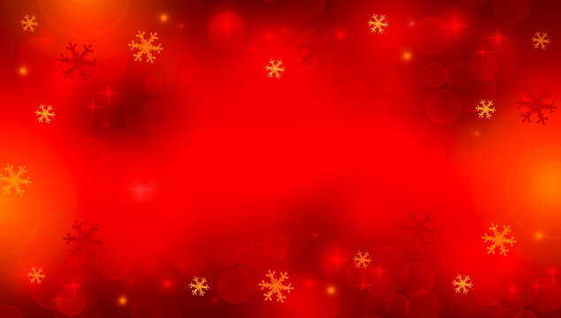 Red holiday background with red and gold snowflakes of different sizes and bright Christmas lights. Xmas illustration.