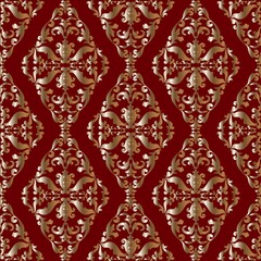 Gold Victorian pattern on red background. Seamless antique oriental ornament. Red and gold color.