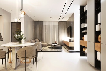 3d render of home interior, living and kitchen room