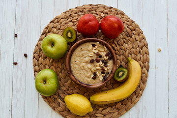 fruit dessert breakfast cereals vitamins organic wood background