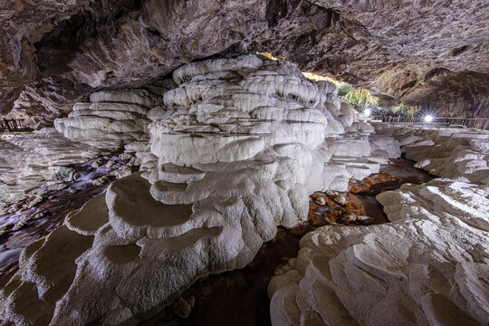Kaklik cave with calcium travertines near Pamukkale. Kaklik Cave Denizli city, Turkey.