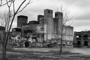 Abandoned factory in Detroit, Michigan in black and white.