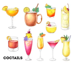 Foto op Plexiglas Alcoholic cocktails hand drawn illustration. Color sketch set. Colored pencil drawing. Sidecar, sazerac, Moscow mule, Singapore sling, Bellini, Pina colada, cosmopolitan, whisky sour. Isolated objects © DiViArts