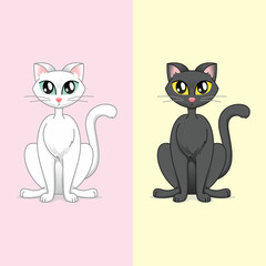 Cat (black and white) sitting with raised tail in cartoon style.