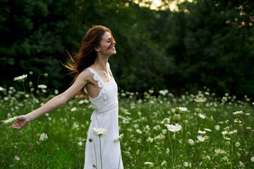 pretty woman in white dress field flowers freedom nature