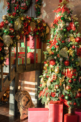House entrance decorated for holidays. Christmas decoration. garland of fir tree branches