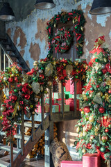 House entrance decorated for holidays. Christmas decoration. garland of fir tree branches