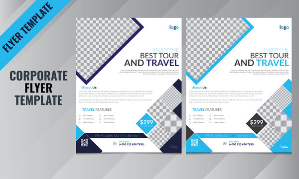 Traveling Flyer Design Template. Modern design template for poster flyer brochure cover. Graphic design layout with triangle graphic elements and space for photo background. Two Design in One Mockup.