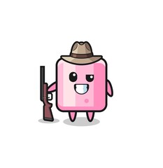 marshmallow hunter mascot holding a gun.