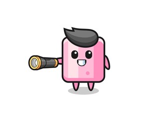 marshmallow mascot holding flashlight.