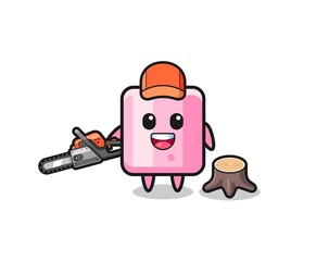 Fototapeta premium marshmallow lumberjack character holding a chainsaw.