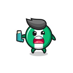 nigeria flag mascot having asthma while holding the inhaler.