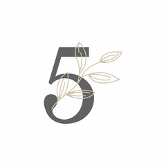 Number 5 Floral and Botanical Logo. Nature Leaf Feminine for Beauty Salon, Massage, Cosmetics or Spa Icon Symbol