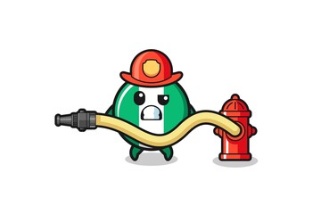 nigeria flag cartoon as firefighter mascot with water hose.
