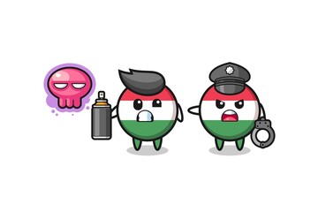 hungary flag cartoon doing vandalism and caught by the police.