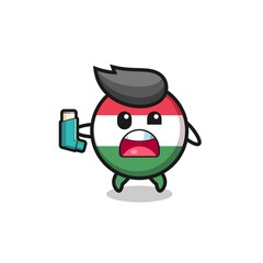 hungary flag mascot having asthma while holding the inhaler.