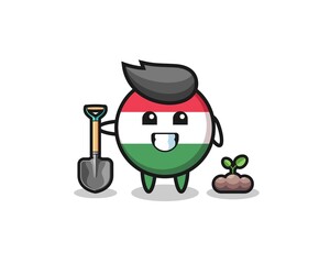 cute hungary flag cartoon is planting a tree seed.