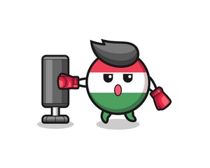 hungary flag boxer cartoon doing training with punching bag.