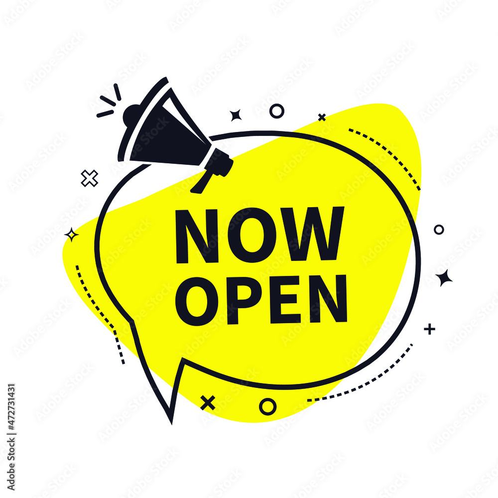 Poster megaphone with now open. megaphone banner. web design. vector stock illustration.