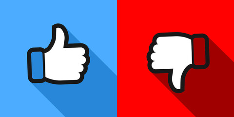 Thumb up and down red and green icons. Vector illustration. I like and dislike background in flat design. - obrazy, fototapety, plakaty